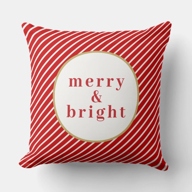 MERI Cute Festive Red White Stripes Merry & Bright Throw Pillow (Front)