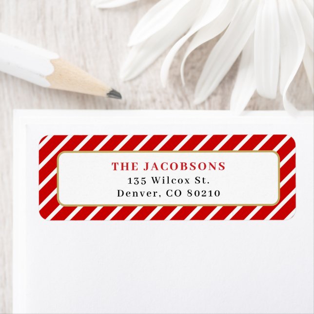 MERI Red White Strip Gold Christmas Return Address Label (Insitu)