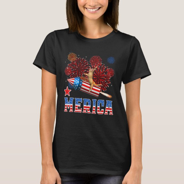 Merica 4th of July Cat Riding Firework Rocket Patr T-Shirt (Front)