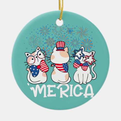 Merica 4th of July Cats Patriotic American Flag Ceramic Ornament