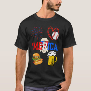 Merica 4th of July Fireworks Baseball Hot Dogs Bee T-Shirt