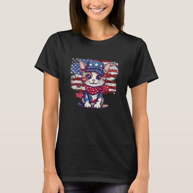 Merica 4th of July Meowica Kitty Cat American Flag T-Shirt (Front)