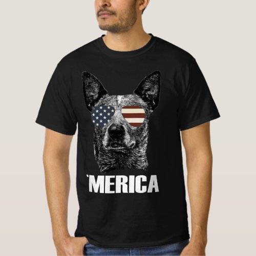 Merica Australian Cattle Dog with USA flag sunglas T_Shirt