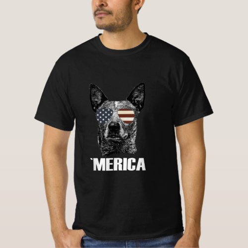 Merica Australian Cattle Dog with USA flag sunglas T_Shirt