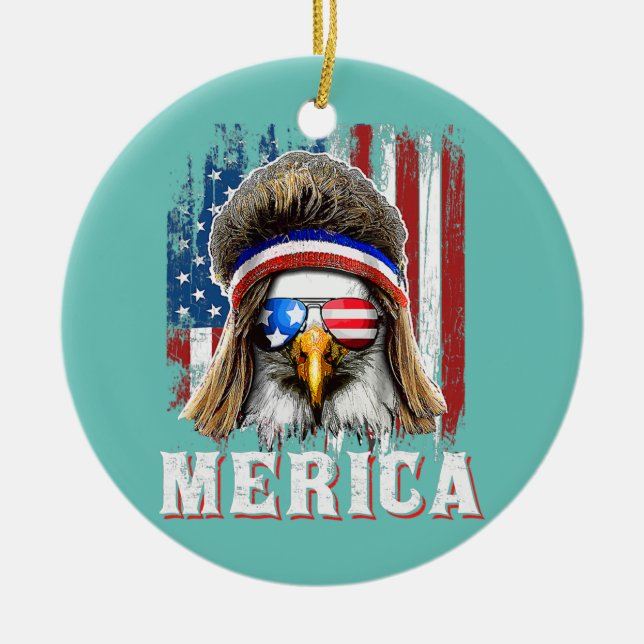 Merica Bald Eagle USA American Flag Patriotic 4th Ceramic Ornament (Front)