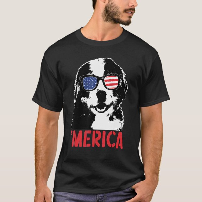 Merica Bernese Mountain American Flag Sunglasses 4 T-Shirt (Front)