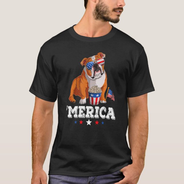 Merica Bulldog 4th of July USA American Flag Engli T-Shirt (Front)