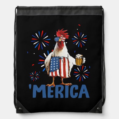 Merica Chicken Beer USA Flag Fourth 4th of July In Drawstring Bag