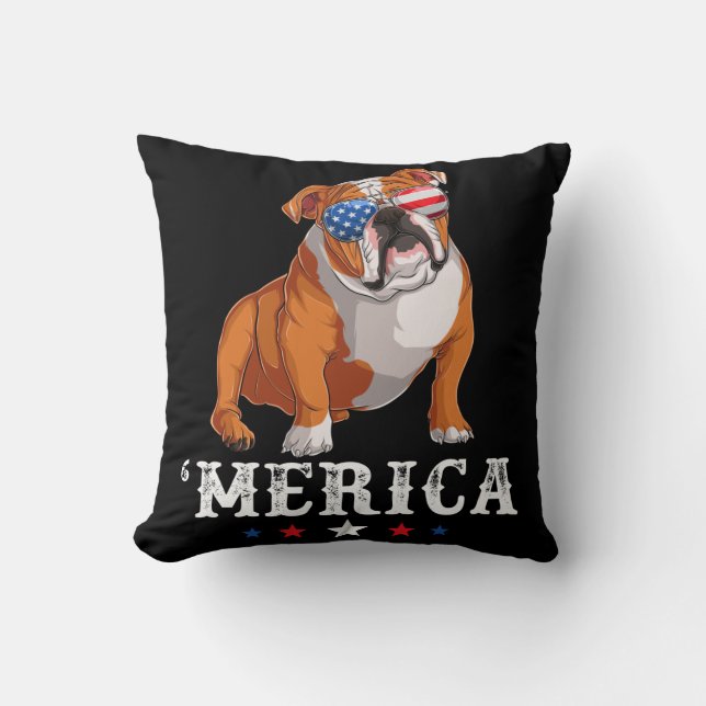 Merica Dog 4th of July USA American Flag English B Throw Pillow (Front)