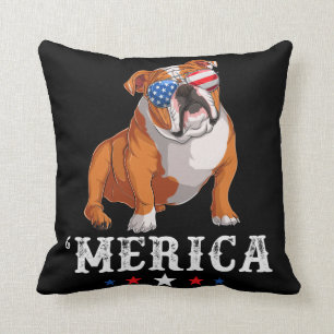Merica Dog 4th of July USA American Flag English B Throw Pillow
