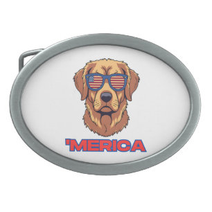 Merica Dog with USA Flag Sunglasses Patriotic Art Belt Buckle