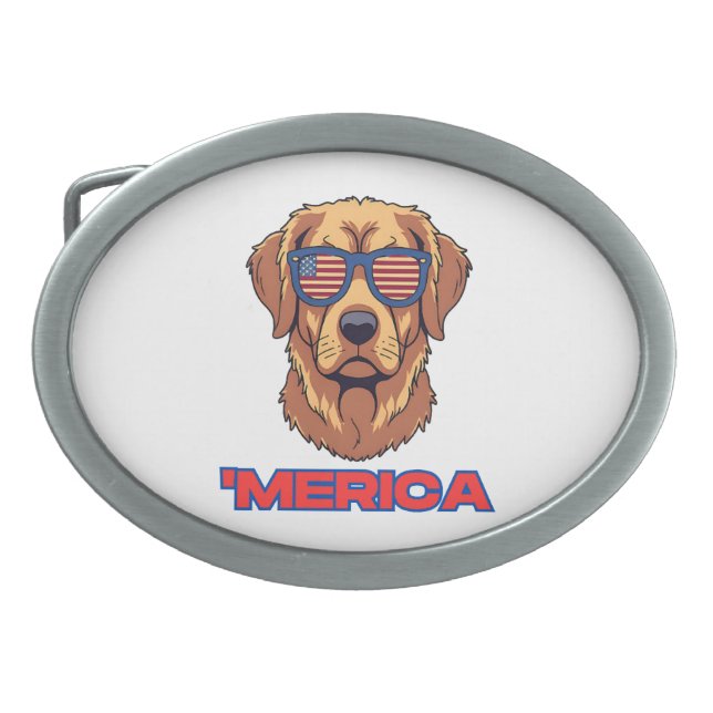Merica Dog with USA Flag Sunglasses Patriotic Art Belt Buckle (Front)