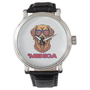 Merica Dog with USA Flag Sunglasses Patriotic Art Watch