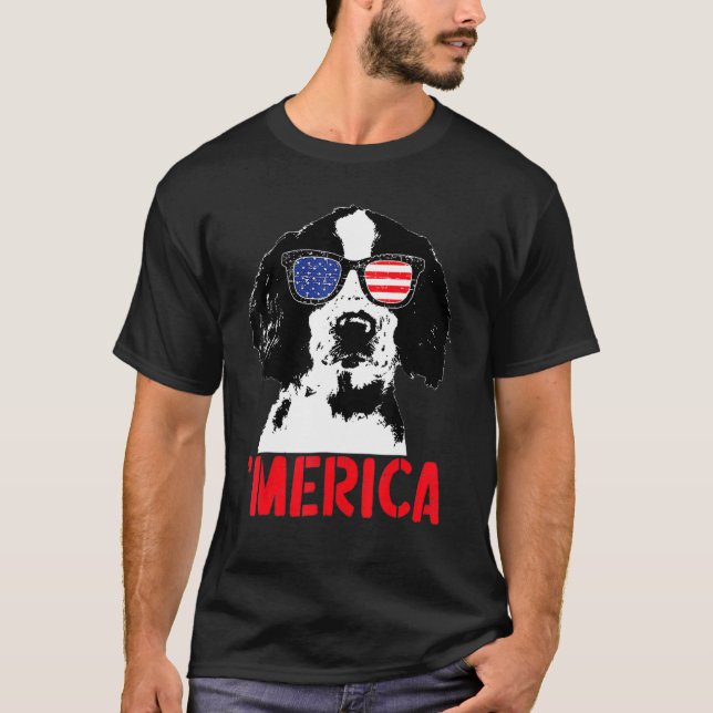 Merica Englisth Springer Spaniel American Flag 4th T-Shirt (Front)