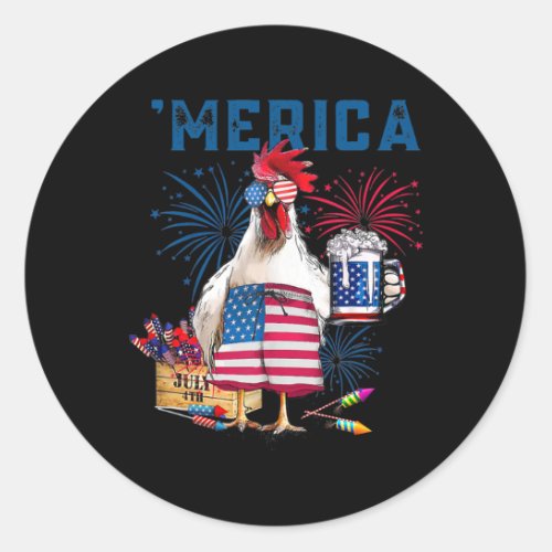 Merica Funny Chicken with beer USA Flag 4th of Classic Round Sticker