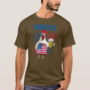 Merica Funny Chicken with beer USA Flag 4th of T-Shirt
