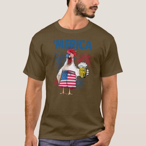 Merica Funny Chicken with beer USA Flag 4th of T_Shirt