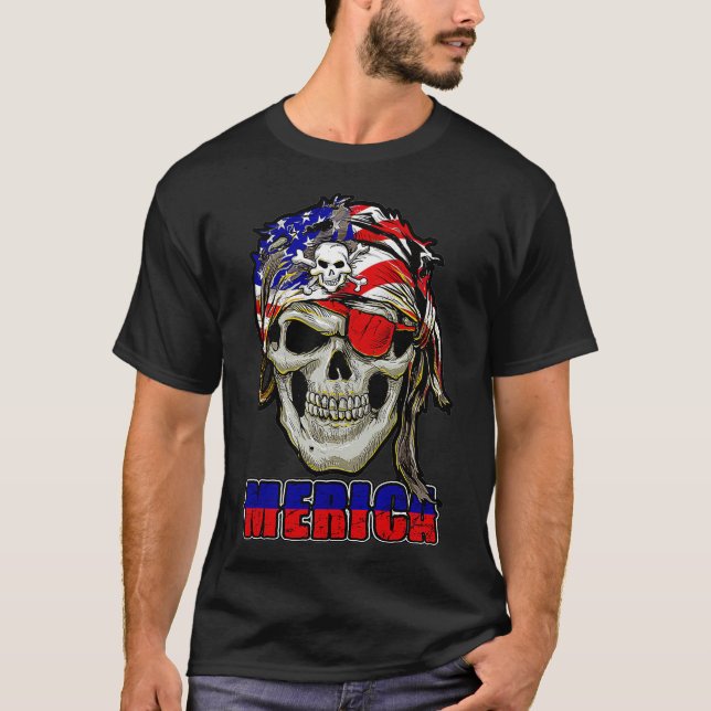Merica - Funny Pirate US Flag Pride Proud American T-Shirt (Front)