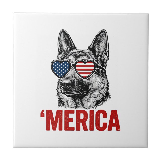 Merica German Shepherd Flag Sunglasses Shirt Desig Ceramic Tile (Front)