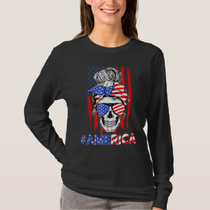 Merica Messy Bun Skull 4th Of July American Flag P T-Shirt