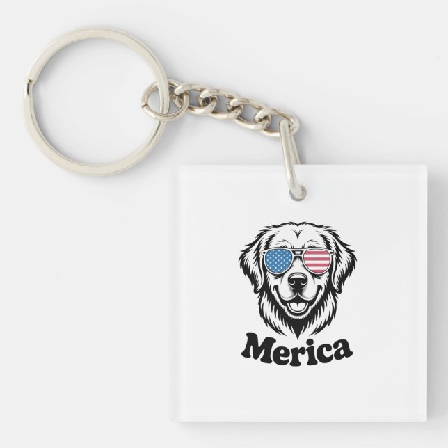 Merica Patiotic Dog glasses USA American Flag 4th  Keychain (Front)