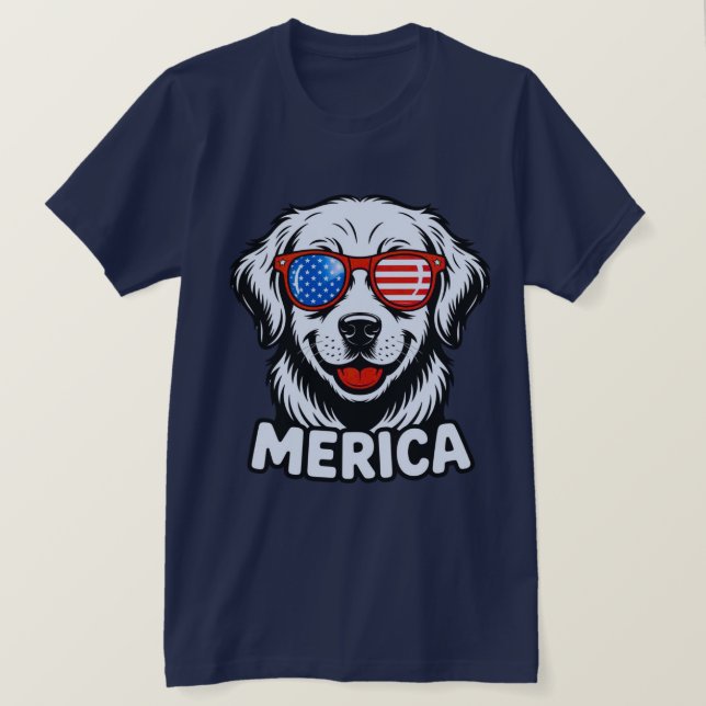 Merica Patiotic Dog glasses USA American Flag 4th  T-Shirt (Design Front)