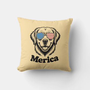Merica Patiotic Dog glasses USA American Flag 4th  Throw Pillow