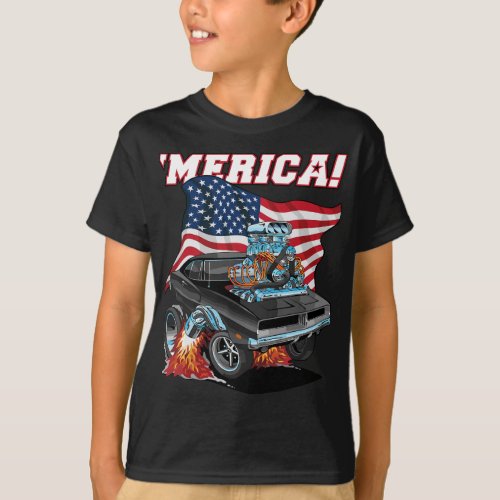 Merica Patriotic Classic Hot Rod Muscle Car USA Fl T_Shirt