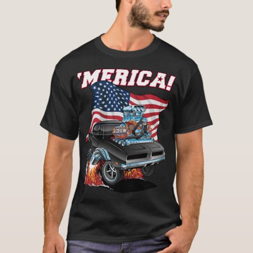 Merica Patriotic Classic Muscle Car with USA Flag T_Shirt