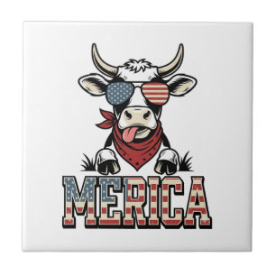 Merica Patriotic Cow Vintage Engraving Graphic_1 Ceramic Tile