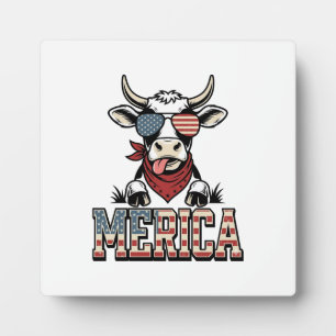 Merica Patriotic Cow Vintage Engraving Graphic_1 Plaque