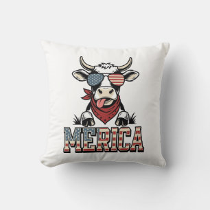 Merica Patriotic Cow Vintage Engraving Graphic_1 Throw Pillow