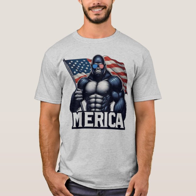 MERICA – Patriotic Gorilla Holding American Flag F T-Shirt (Front)