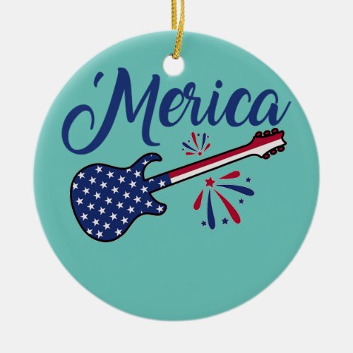 Merica Patriotic Guitar USA Flag Freedom Music Ceramic Ornament