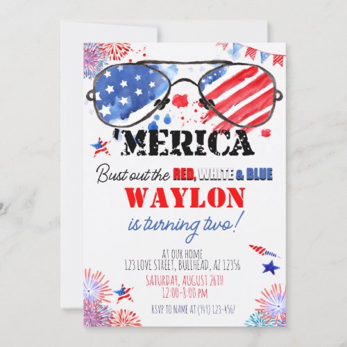 Merica Patriotic Red White and Blue 2nd Birthday  Invitation