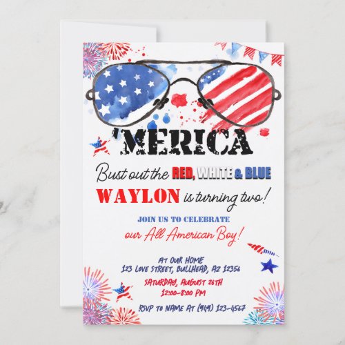 Merica Patriotic Red White and Blue 2nd Birthday  Invitation