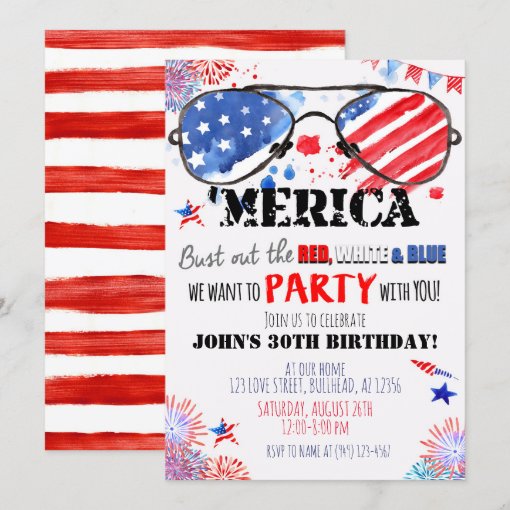 'Merica Patriotic Red White and Blue Birthday Invitation | Zazzle