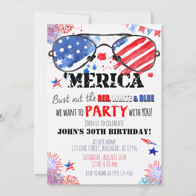 'Merica Patriotic Red White and Blue Birthday Invitation | Zazzle