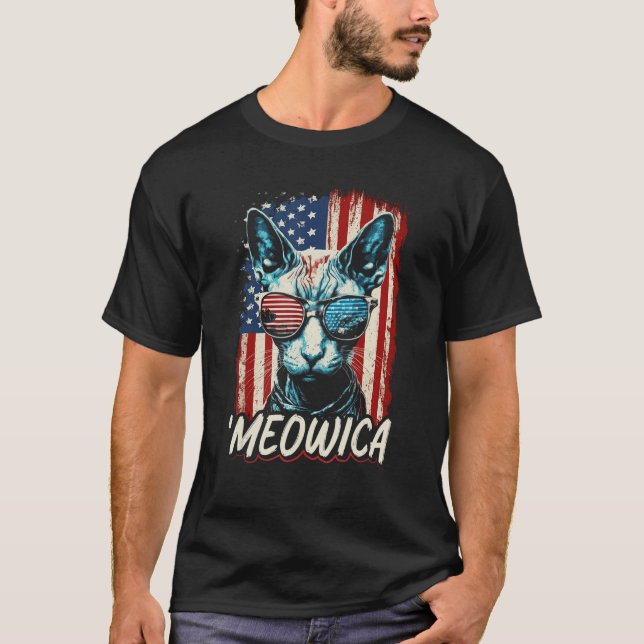 Merica Patriotic Sphynx Cat Meowica 4th of July Ca T-Shirt (Front)