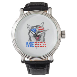 Merica Siberian Husky Dog American Flag 4th Of Jul Watch