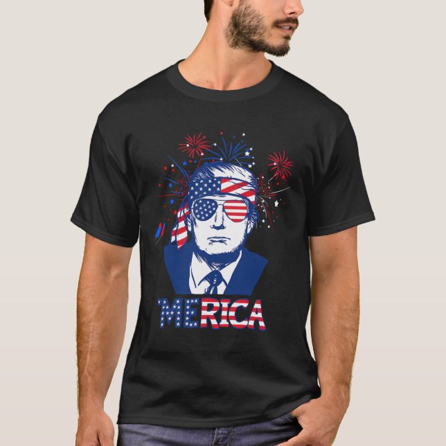 Merica Trump Happy 4th Of July Trump American Flag T-Shirt (Front)