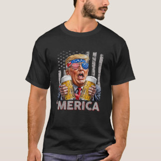 Merica Trump Sunglasses 4th Of July Beer Drinking T-Shirt