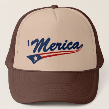 'merica Us Flag Swoosh Trucker Hat (brown/tan) by zarenmusic at Zazzle