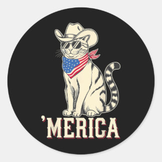Merica Usa Cat Western Cowboy 4th Of July Classic Round Sticker