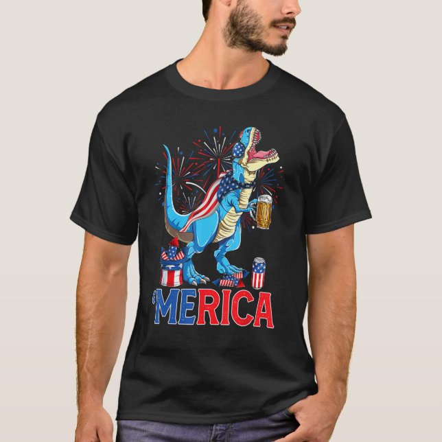 Merican Rex & Beer Glass USA Flag Indepedence Day T-Shirt (Front)