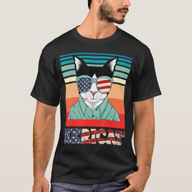 Mericat July 4th Independence Day Cat Us Flag T-Shirt (Front)