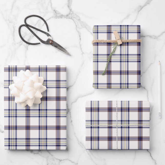 Merino White and Blue Zodiac Plaid Wrapping Paper Sheets (Front)