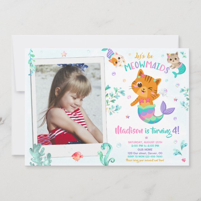 Merkitten birthday invitation Girl photo Magical (Front)