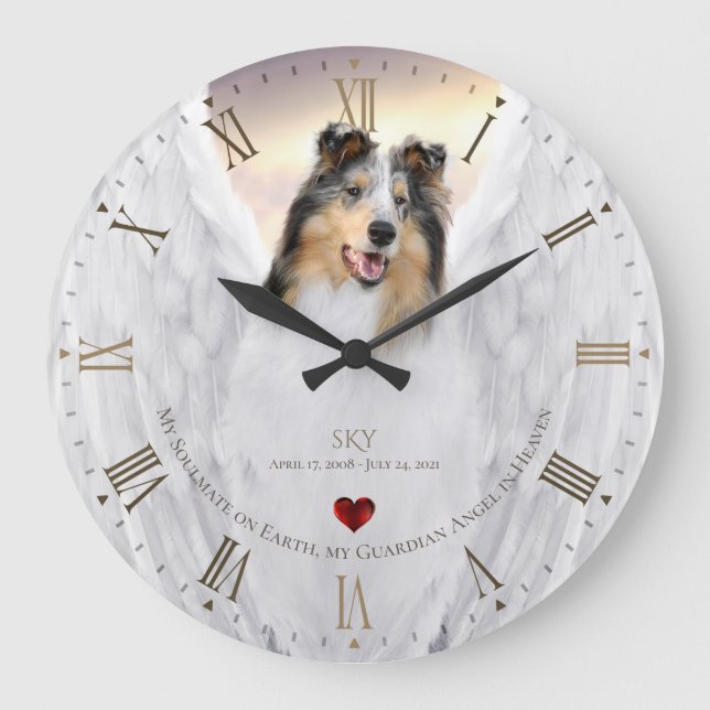 Merle Collie Angel Memorial, Golden Roman Dial - Large Clock (Front)