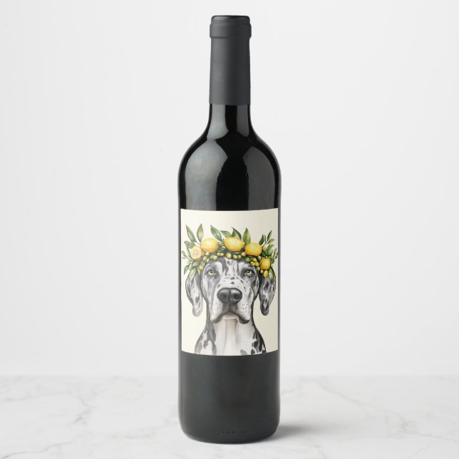 Merle Great Dane Dog Lemon Crown Wine Label (Front)